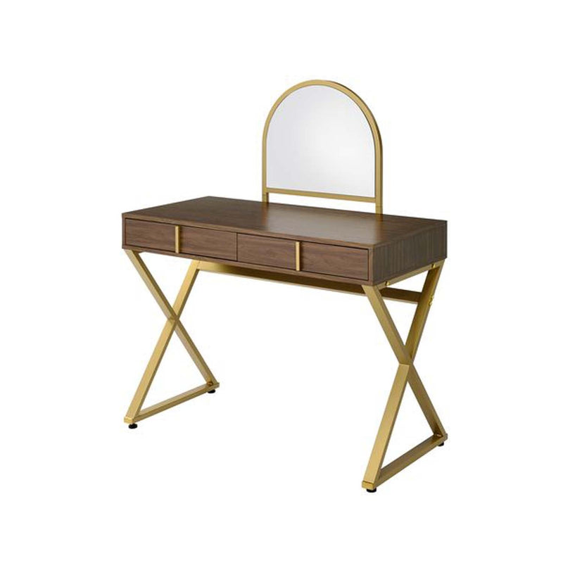 Coleen Vanity Desk w/Mirror & Jewelry Tray, Walnut & Gold Finish Acme