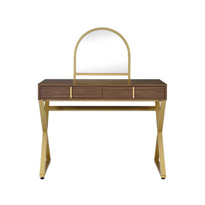 Coleen Vanity Desk w/Mirror & Jewelry Tray, Walnut & Gold Finish Acme