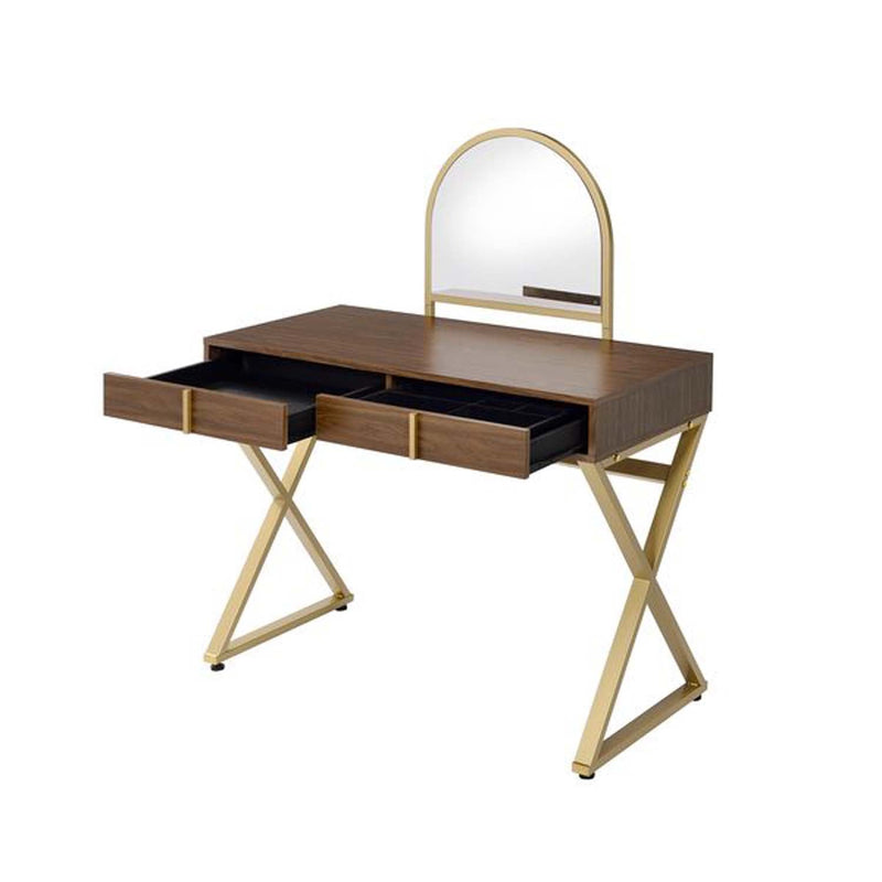 Coleen Vanity Desk w/Mirror & Jewelry Tray, Walnut & Gold Finish Acme