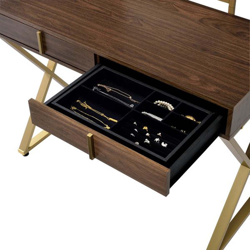 Coleen Vanity Desk w/Mirror & Jewelry Tray, Walnut & Gold Finish Acme
