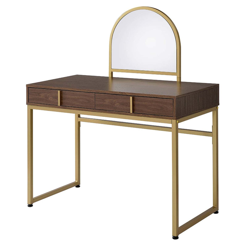 Coleen Vanity Desk w/Mirror & Jewelry Tray, Walnut & Gold Finish Acme