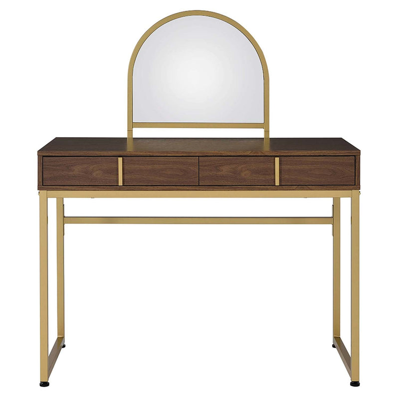 Coleen Vanity Desk w/Mirror & Jewelry Tray, Walnut & Gold Finish Acme