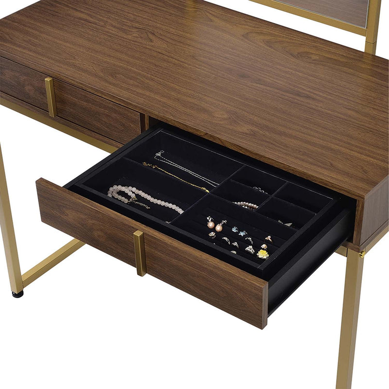 Coleen Vanity Desk w/Mirror & Jewelry Tray, Walnut & Gold Finish Acme
