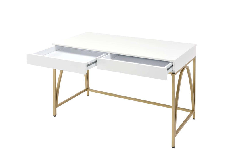 Lightmane Vanity Desk, White High Gloss & Gold Finish Acme