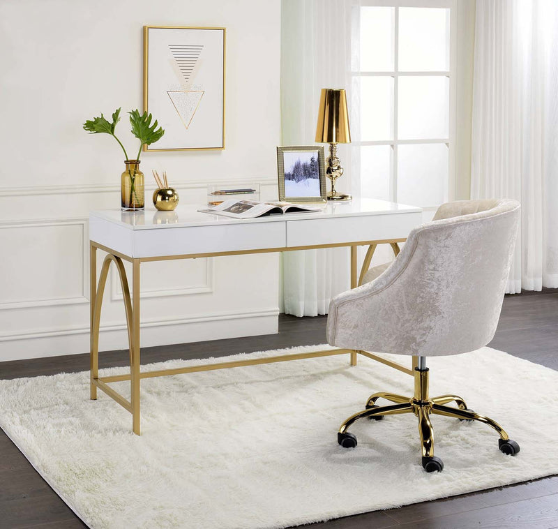 Lightmane Vanity Desk, White High Gloss & Gold Finish Acme