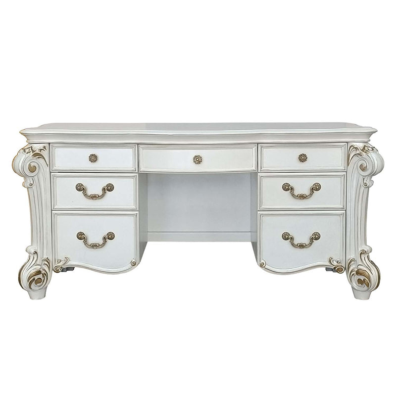 Vendome Vanity Desk, Beige Faux Leather & Antique Pearl Finish Acme