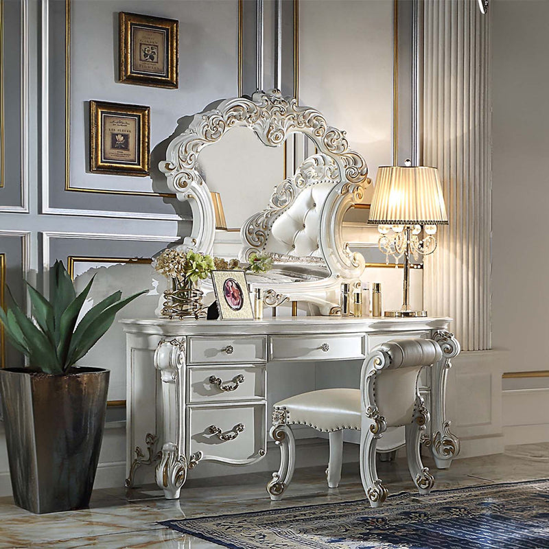 Vendome Vanity Desk, Beige Faux Leather & Antique Pearl Finish Acme