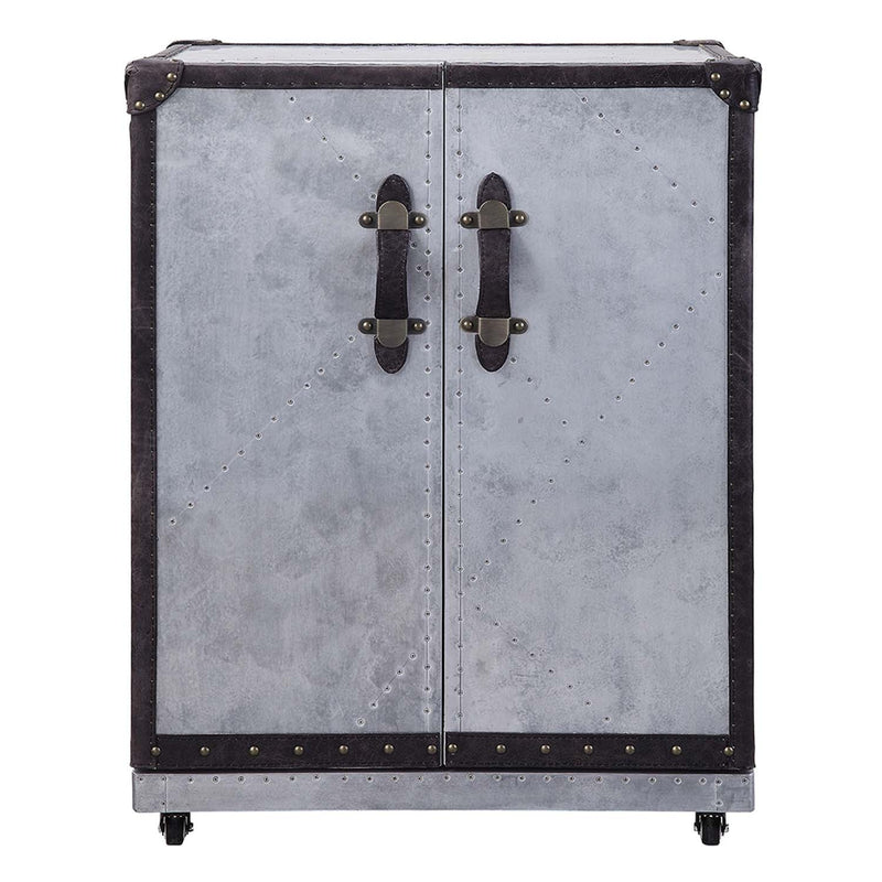 Brancaster Wine Cabinet, Antique Ebony Top Grain Leather & Aluminum Acme