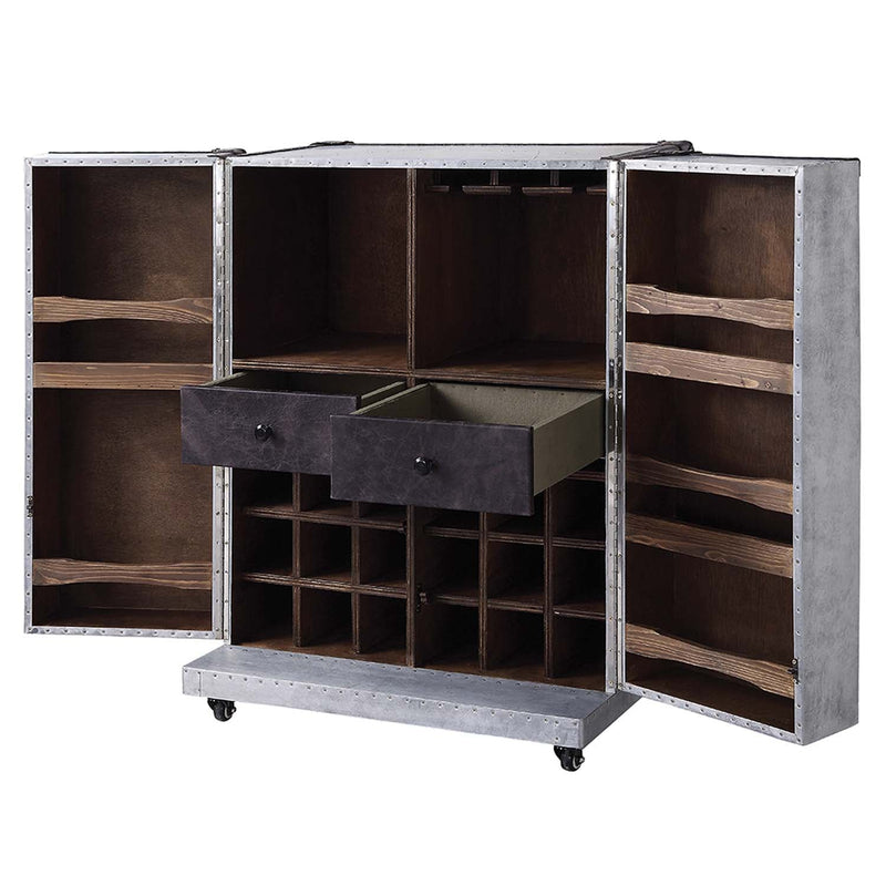 Brancaster Wine Cabinet, Antique Ebony Top Grain Leather & Aluminum Acme