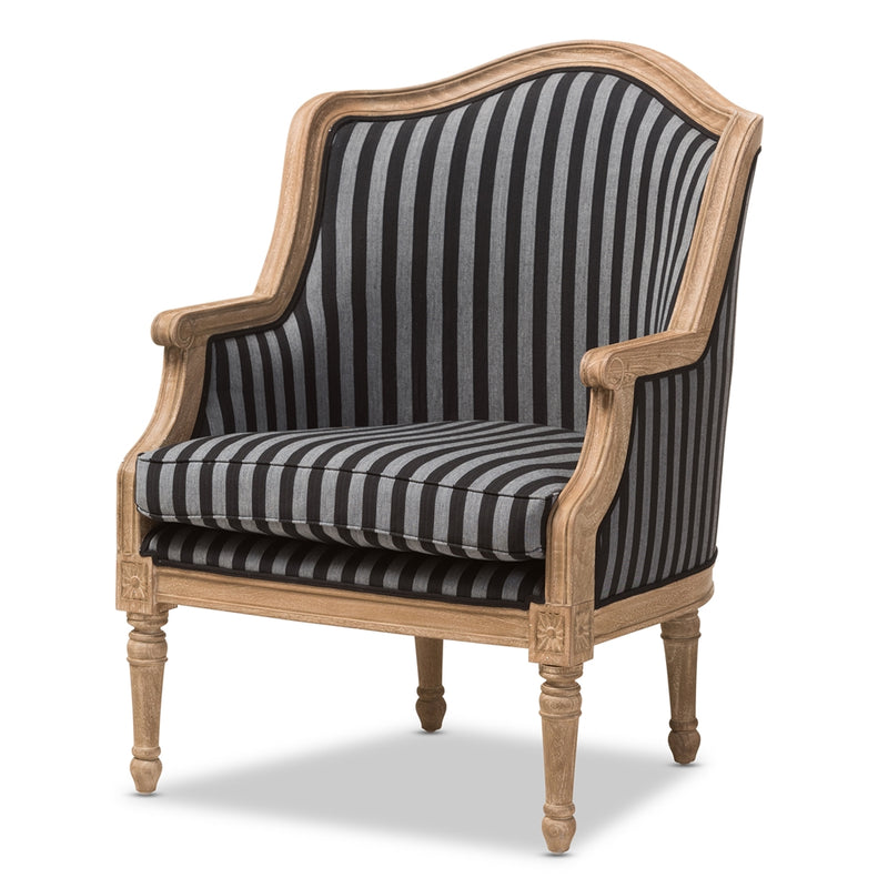 Tamblin Traditional French Black and Gray Striped Accent Chair w/Cedar Wood Frame