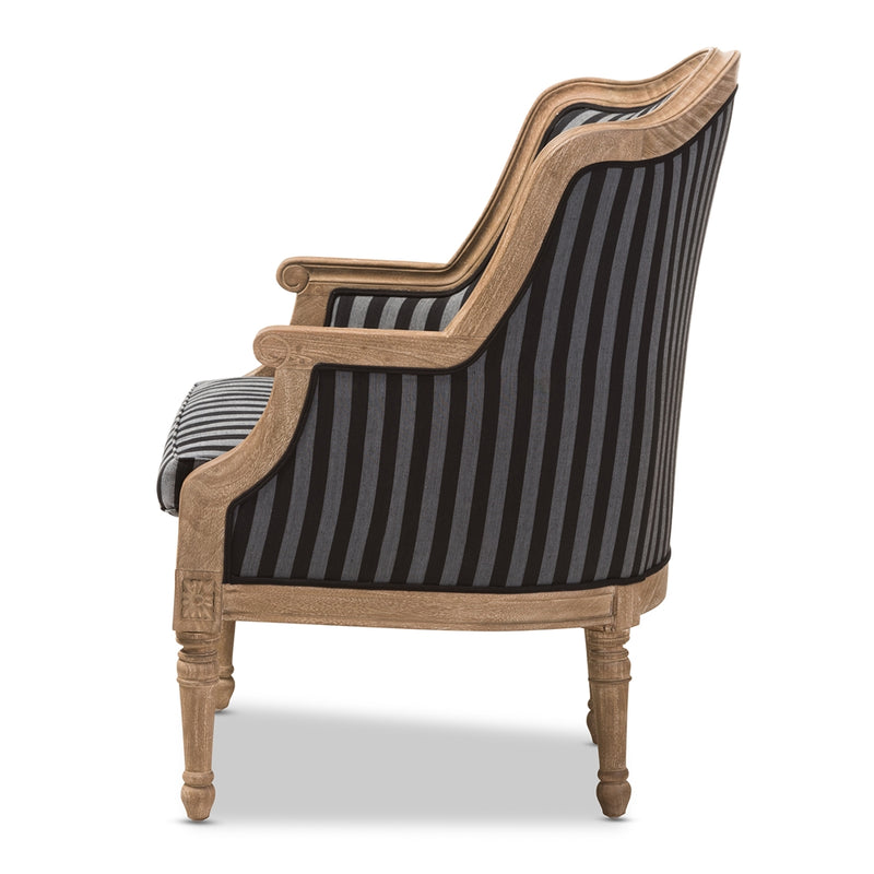 Tamblin Traditional French Black and Gray Striped Accent Chair w/Cedar Wood Frame