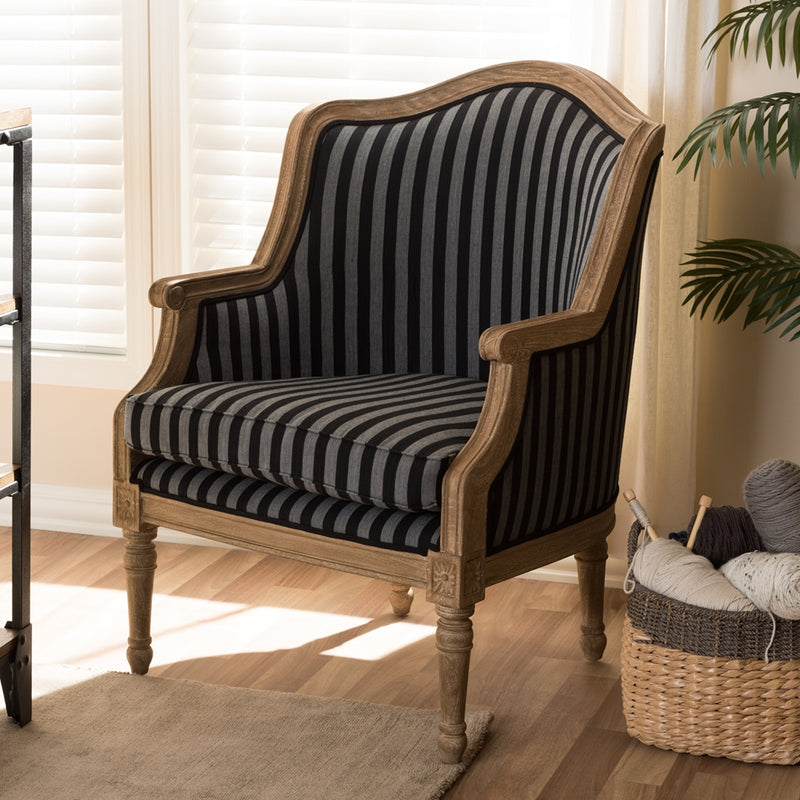 Tamblin Traditional French Black and Gray Striped Accent Chair w/Cedar Wood Frame