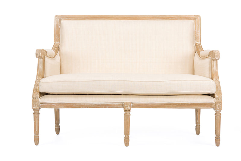 William Wood & Light Beige Linen Traditional French Loveseat w/Mindi Wood Frame