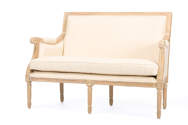 William Wood & Light Beige Linen Traditional French Loveseat w/Mindi Wood Frame