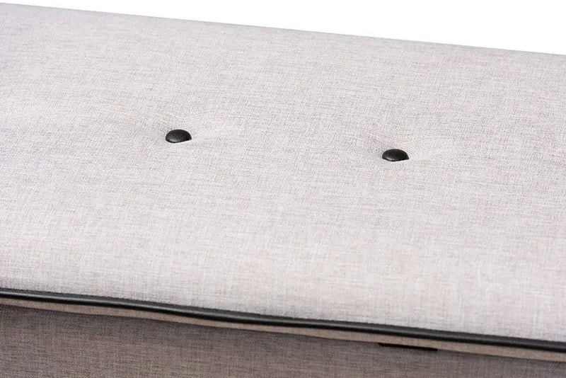 Adam Walnut and Greyish Beige Fabric Upholstered Button Tufted Storage Ottoman iHome Studio