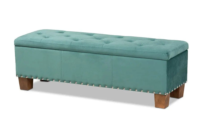 Adrian Teal Blue Velvet Fabric Upholstered Button-Tufted Storage Ottoman Bench iHome Studio