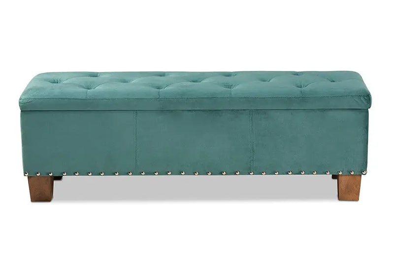 Adrian Teal Blue Velvet Fabric Upholstered Button-Tufted Storage Ottoman Bench iHome Studio