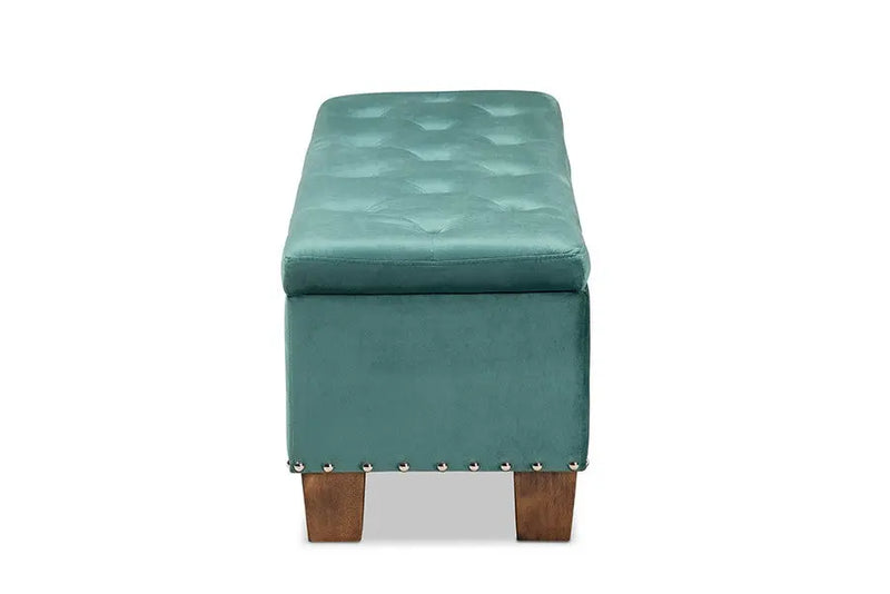 Adrian Teal Blue Velvet Fabric Upholstered Button-Tufted Storage Ottoman Bench iHome Studio