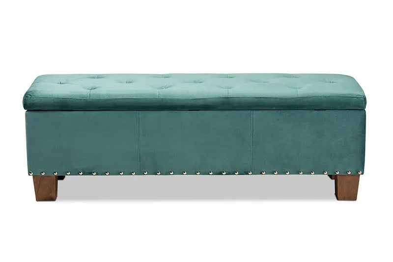 Adrian Teal Blue Velvet Fabric Upholstered Button-Tufted Storage Ottoman Bench iHome Studio