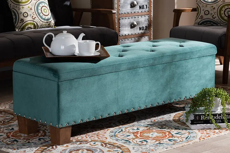 Adrian Teal Blue Velvet Fabric Upholstered Button-Tufted Storage Ottoman Bench iHome Studio