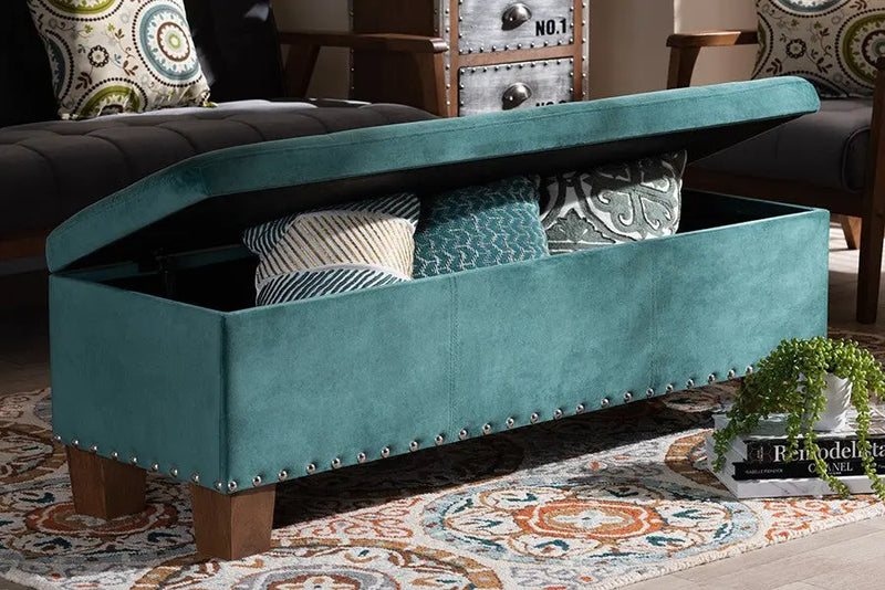 Adrian Teal Blue Velvet Fabric Upholstered Button-Tufted Storage Ottoman Bench iHome Studio