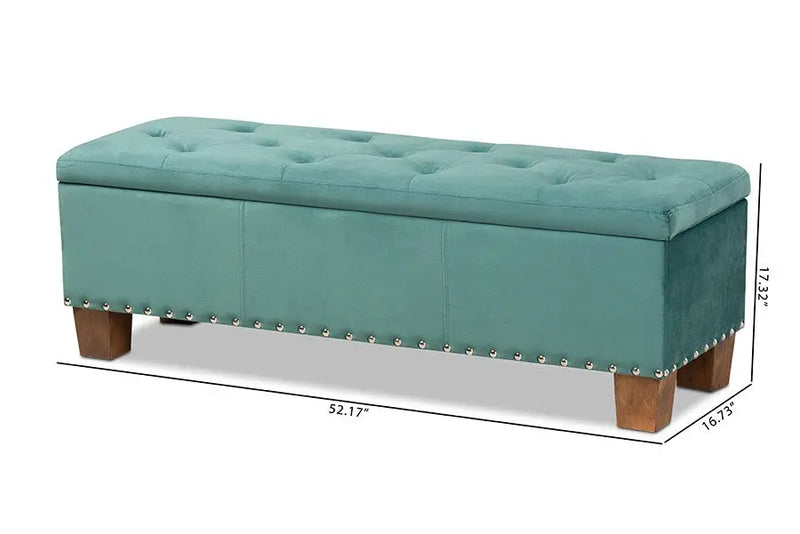 Adrian Teal Blue Velvet Fabric Upholstered Button-Tufted Storage Ottoman Bench iHome Studio