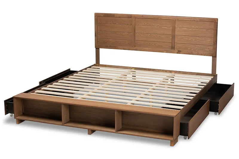Albany Ash Walnut Brown Wood 4-Drawer Platform Storage Bed w/Built-In Shelves (King) iHome Studio