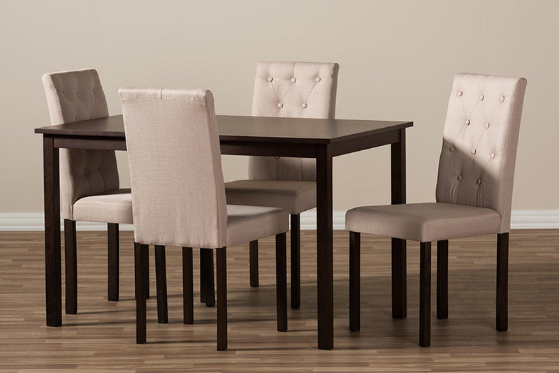 Delphi 5-Piece Dark Brown Finished Beige Fabric Upholstered Dining Set  Baxton