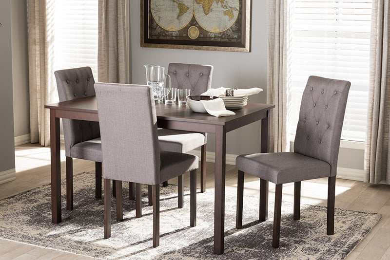 Delphi 5-Piece Dark Brown Finished Gray Fabric Upholstered Dining Set  Baxton