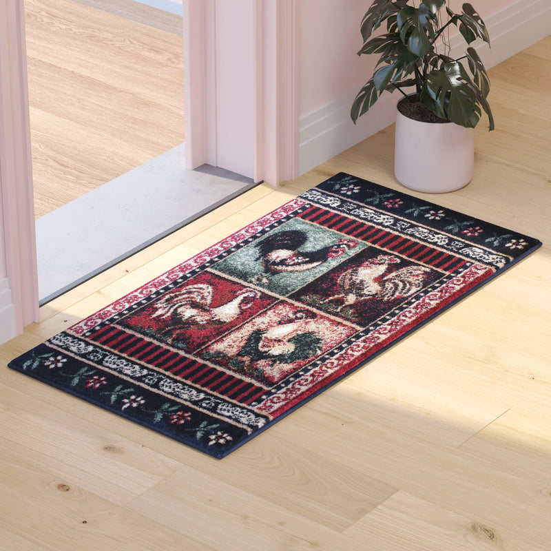 Angie Collection 2' x 3' Black Rooster Themed Olefin Area Rug with Jute Backing iHome Studio