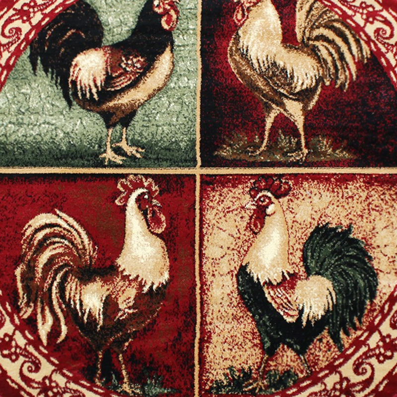 Angie Collection 4' x 4' Round Red Rooster Themed Olefin Area Rug with Jute Backing iHome Studio