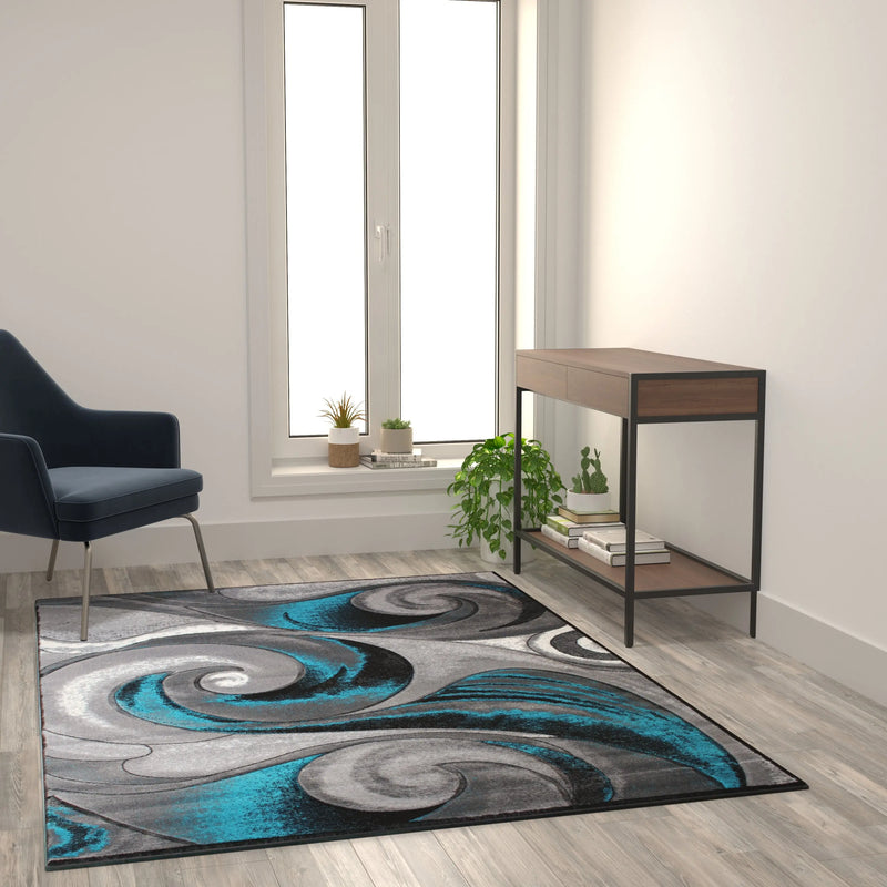Angie Collection 5' x 7' Olefin Turquoise Ocean Waves Pattern Area Rug with Jute Backing iHome Studio