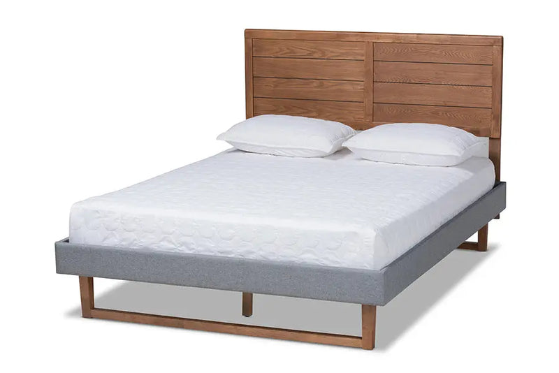 Anna Dark Gray Fabric Ash Walnut Brown Wood Platform Bed (Queen) iHome Studio