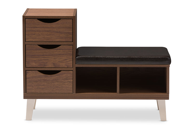 Arthur Modern and Contemporary Walnut Brown Wood 3-Drawer Shoe Storage Padded Leatherette Seating Bench w/Two Open Shelves