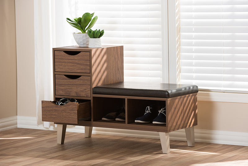 Arthur Modern and Contemporary Walnut Brown Wood 3-Drawer Shoe Storage Padded Leatherette Seating Bench w/Two Open Shelves