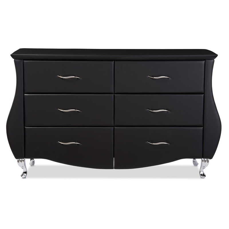 Mistral Modern and Contemporary Black Faux Leather 6-Drawer Dresser w/Stailess Steel Legs