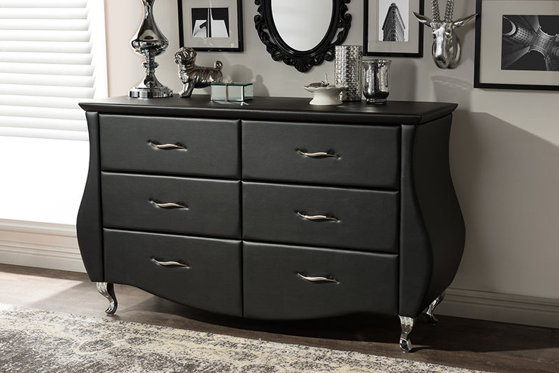 Mistral Modern and Contemporary Black Faux Leather 6-Drawer Dresser w/Stailess Steel Legs