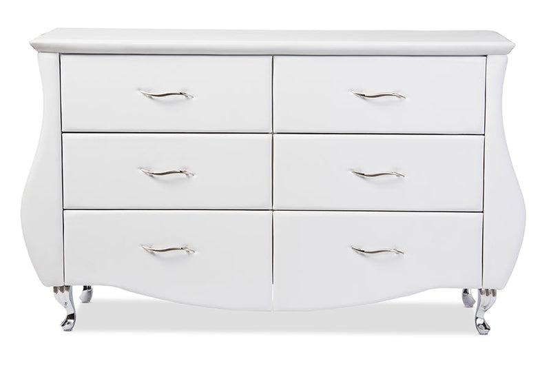 Mistral White Faux Leather 6-Drawer Dresser w/Stailess Steel Legs Baxton