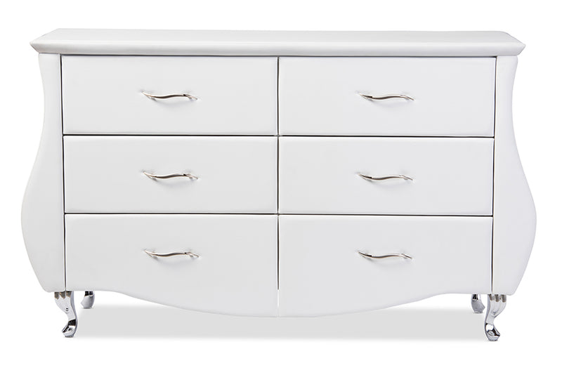 Mistral Modern and Contemporary White Faux Leather 6-Drawer Dresser w/Stailess Steel Legs