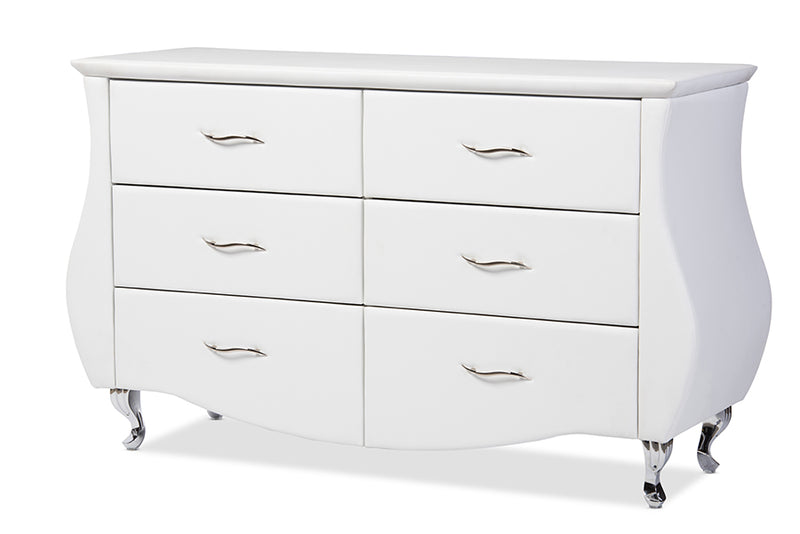 Mistral Modern and Contemporary White Faux Leather 6-Drawer Dresser w/Stailess Steel Legs