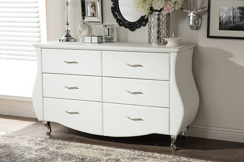 Mistral Modern and Contemporary White Faux Leather 6-Drawer Dresser w/Stailess Steel Legs