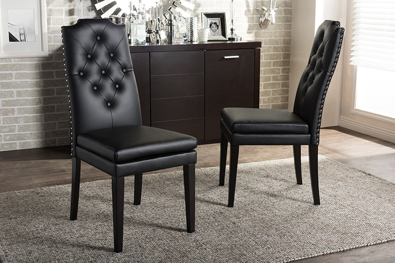 Newcastle Modern and Contemporary Black Faux Leather Button-Tufted Nail heads Trim Dining Chair (Set of 2)