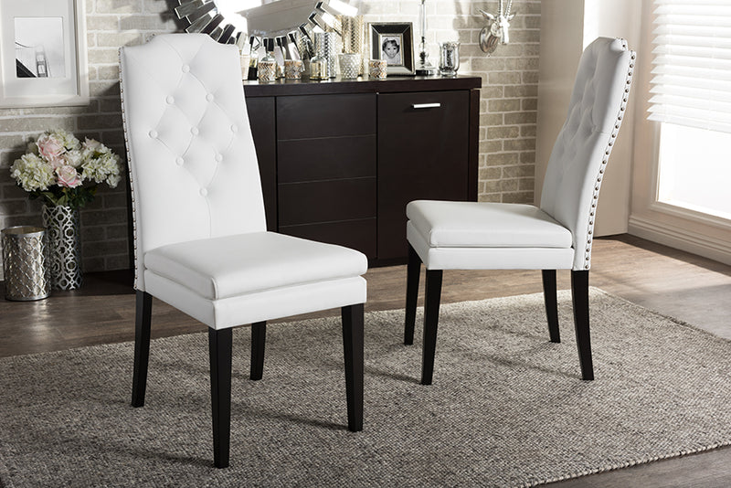 Newcastle Modern and Contemporary White Faux Leather Button-Tufted Nail heads Trim Dining Chair (Set of 2)