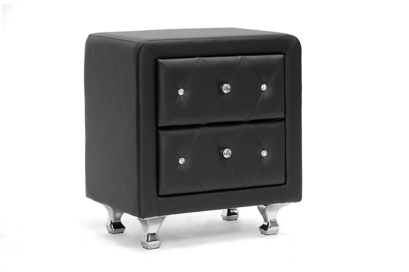 Octavia Crystal Tufted Black Upholstered Modern Nightstand, 2-Drawers