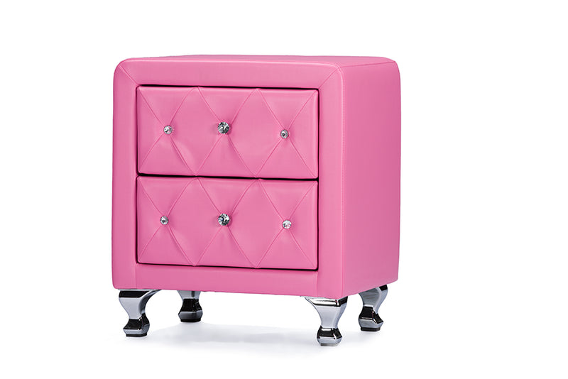 Octavia Crystal Tufted Pink Leather Modern Nightstand, 2-Drawers