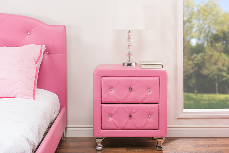 Octavia Crystal Tufted Pink Leather Modern Nightstand, 2-Drawers