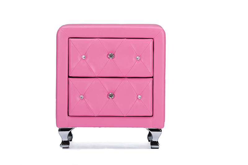 Octavia Crystal Tufted Pink Leather Modern Nightstand, 2-Drawers