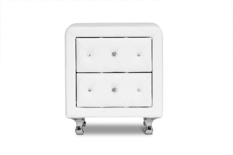 Octavia Crystal Tufted White Upholstered Modern Nightstand, 2-Drawers