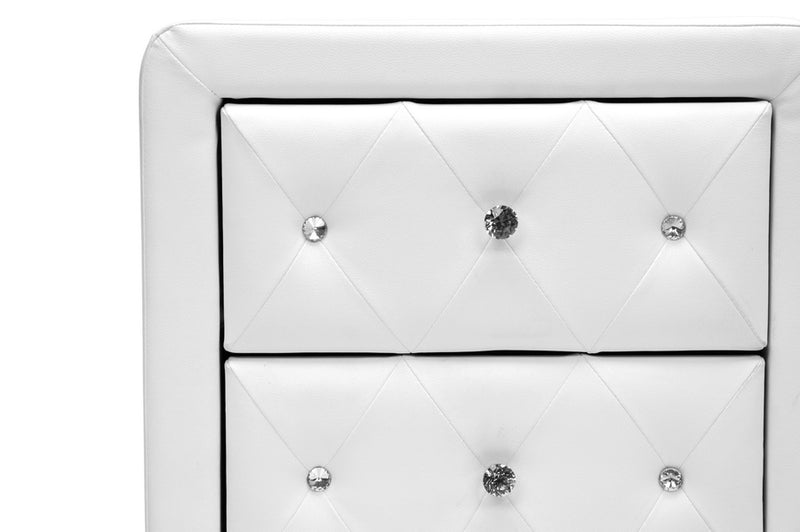 Octavia Crystal Tufted White Upholstered Modern Nightstand, 2-Drawers