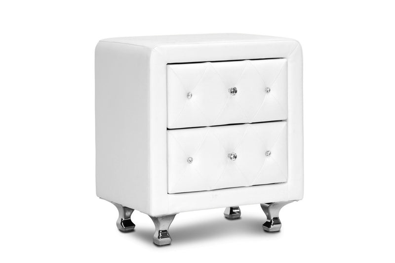 Octavia Crystal Tufted White Upholstered Modern Nightstand, 2-Drawers